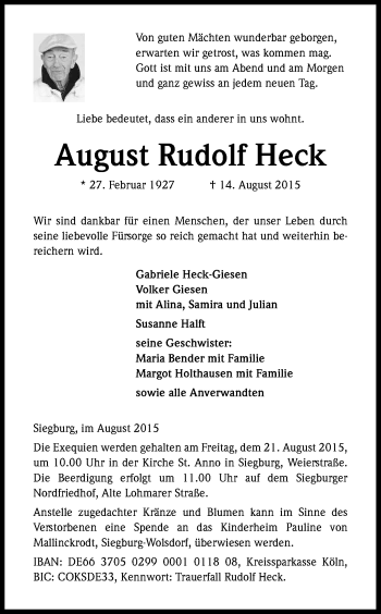 Anzeige von August Rudolf Heck von Kölner Stadt-Anzeiger / Kölnische Rundschau / Express