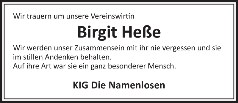  Traueranzeige für Birgit Heße vom 11.11.2015 aus  Schlossbote/Werbekurier 