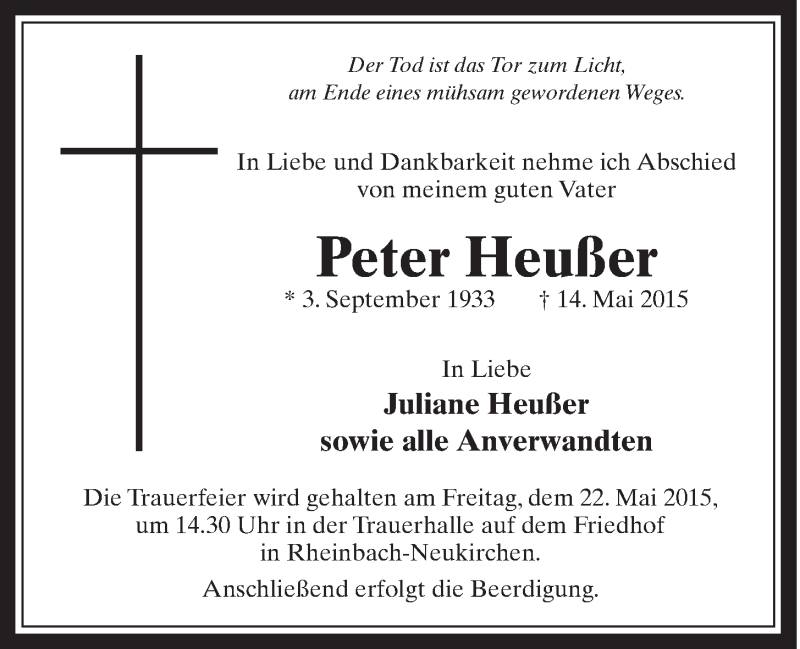  Traueranzeige für Peter Heußer vom 20.05.2015 aus  Schaufenster/Blickpunkt 