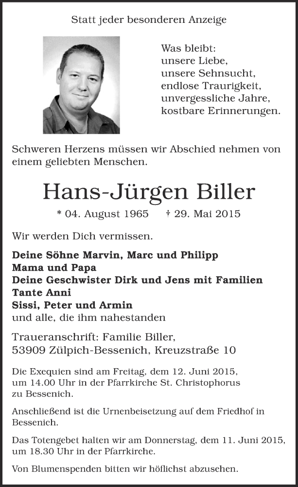  Traueranzeige für Hans-Jürgen Biller vom 07.06.2015 aus  Blickpunkt Euskirchen 