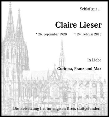 Anzeige von Claire Lieser von Kölner Stadt-Anzeiger / Kölnische Rundschau / Express