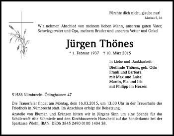 Anzeige von Jürgen Thönes von Kölner Stadt-Anzeiger / Kölnische Rundschau / Express