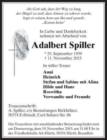 Anzeige von Adalbert Spiller von  Sonntags-Post 