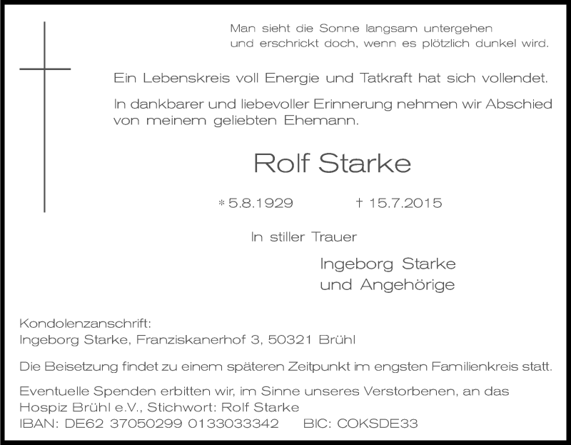  Traueranzeige für Rolf Starke vom 29.07.2015 aus Kölner Stadt-Anzeiger / Kölnische Rundschau / Express