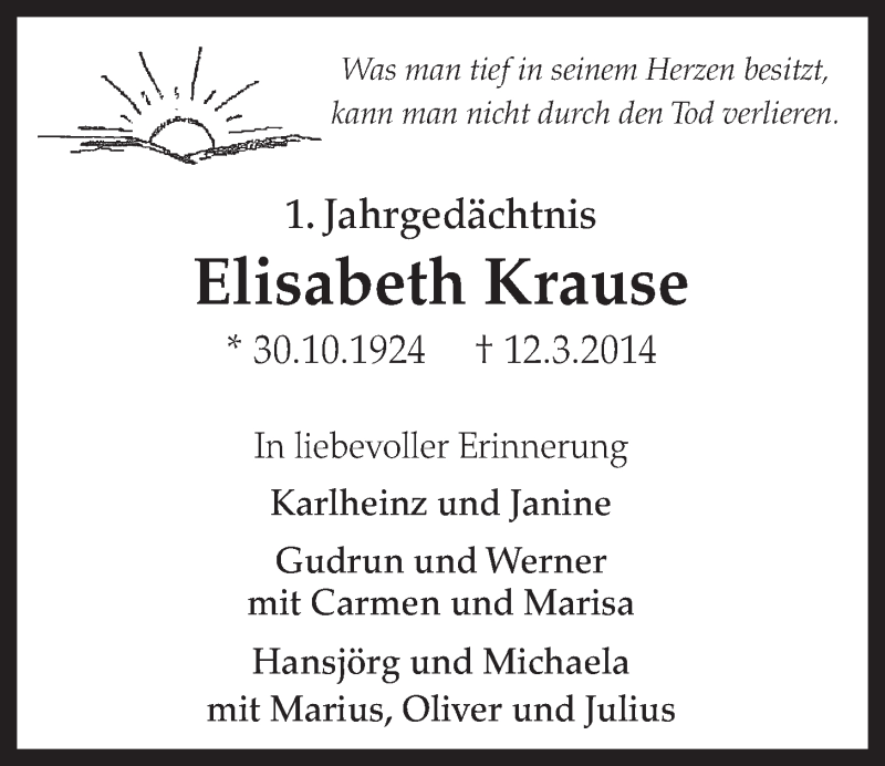  Traueranzeige für Elisabeth Krause vom 11.03.2015 aus  Schlossbote/Werbekurier 
