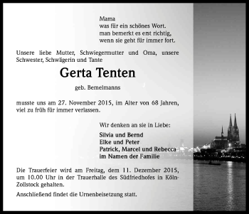 Anzeige von Gerta Tenten von Kölner Stadt-Anzeiger / Kölnische Rundschau / Express