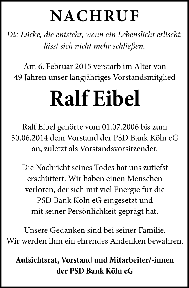 Traueranzeige für Ralf Eibel vom 14.02.2015 aus Kölner Stadt-Anzeiger / Kölnische Rundschau / Express