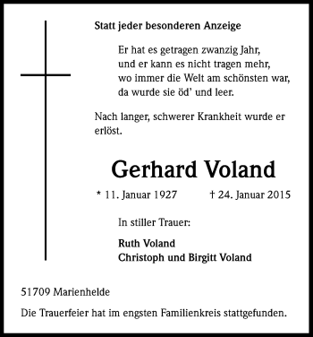 Anzeige von Gerhard Voland von Kölner Stadt-Anzeiger / Kölnische Rundschau / Express