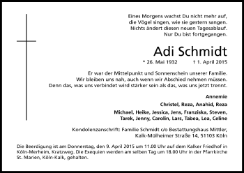 Anzeige von Adi Schmidt von Kölner Stadt-Anzeiger / Kölnische Rundschau / Express