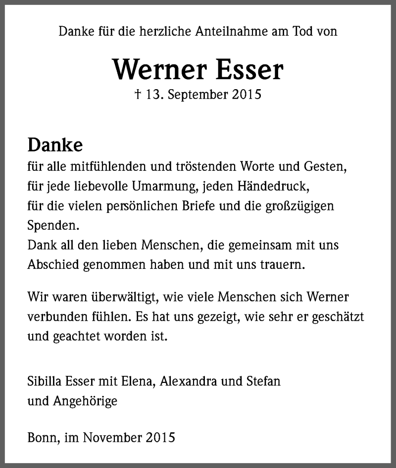  Traueranzeige für Werner Esser vom 07.11.2015 aus Kölner Stadt-Anzeiger / Kölnische Rundschau / Express