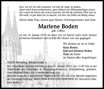 Anzeige von Marlene Boden von Kölner Stadt-Anzeiger / Kölnische Rundschau / Express
