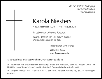 Anzeige von Karola Niesters von Kölner Stadt-Anzeiger / Kölnische Rundschau / Express