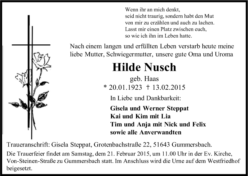  Traueranzeige für Hilde Nusch vom 17.02.2015 aus Kölner Stadt-Anzeiger / Kölnische Rundschau / Express