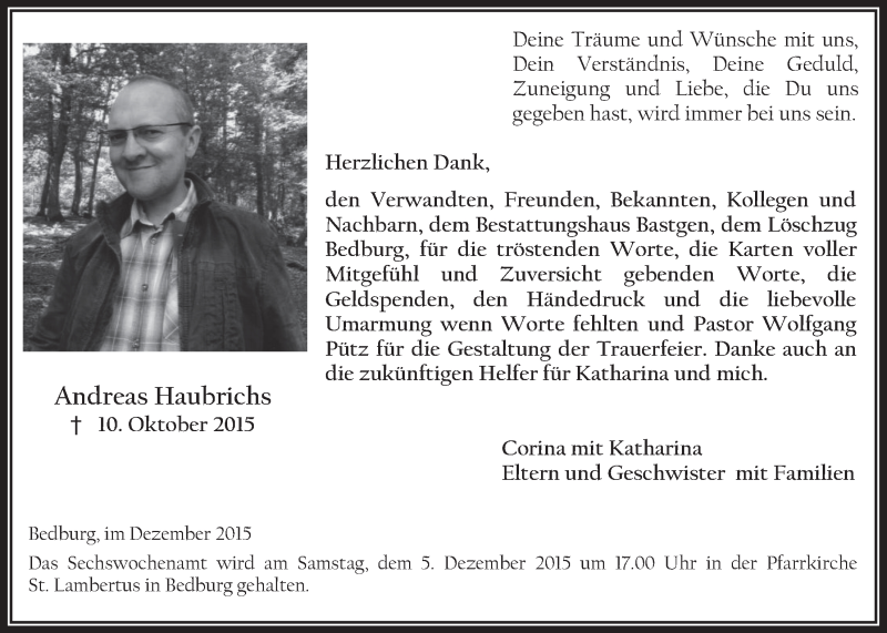  Traueranzeige für Andreas Haubrichs vom 02.12.2015 aus  Werbepost 