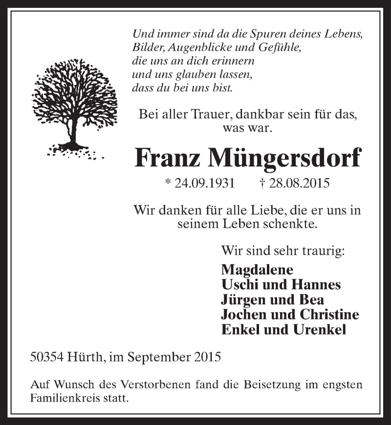  Traueranzeige für Franz Müngersdorf vom 16.09.2015 aus  Wochenende 