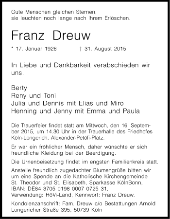 Anzeige von Franz Dreuw von Kölner Stadt-Anzeiger / Kölnische Rundschau / Express