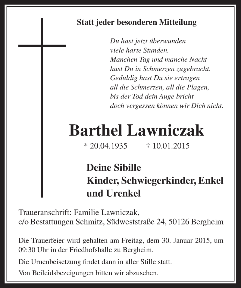  Traueranzeige für Barthel Lawniczak vom 28.01.2015 aus  Werbepost 