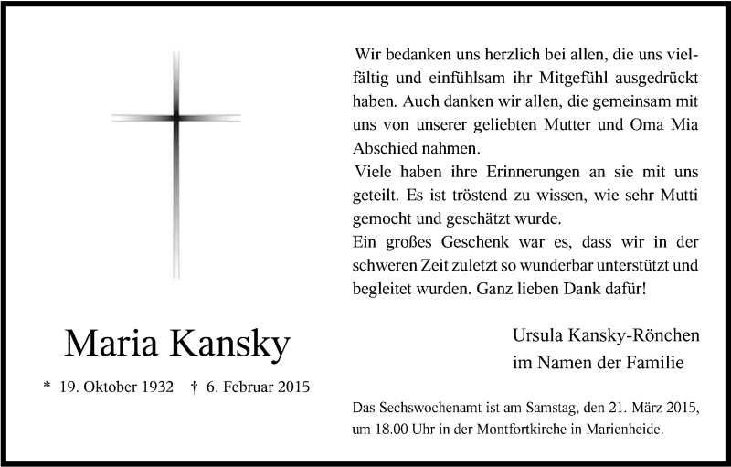  Traueranzeige für Maria Kansky vom 14.03.2015 aus Kölner Stadt-Anzeiger / Kölnische Rundschau / Express