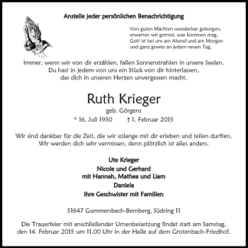 Anzeige von Ruth Krieger von  Anzeigen Echo 