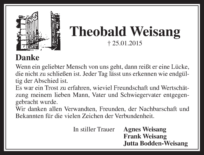  Traueranzeige für Theobald Weisang vom 18.03.2015 aus  Werbepost 