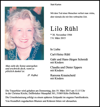 Anzeige von Lilo Rühl von Kölner Stadt-Anzeiger / Kölnische Rundschau / Express