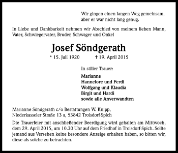 Anzeige von Josef Söndgerath von Kölner Stadt-Anzeiger / Kölnische Rundschau / Express