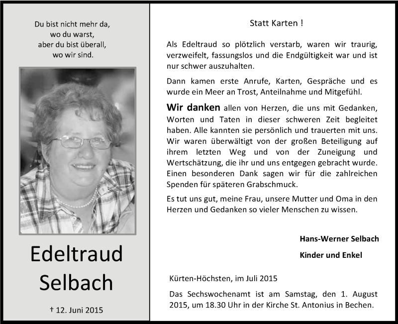  Traueranzeige für Edeltraud Selbach vom 25.07.2015 aus Kölner Stadt-Anzeiger / Kölnische Rundschau / Express