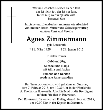 Anzeige von Agnes Zimmermann von Kölner Stadt-Anzeiger / Kölnische Rundschau / Express