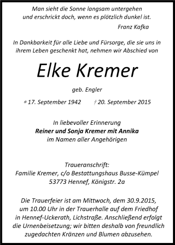 Anzeige von Elke Kremer von Kölner Stadt-Anzeiger / Kölnische Rundschau / Express