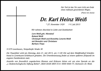 Anzeige von Karl Heinz Weiß von Kölner Stadt-Anzeiger / Kölnische Rundschau / Express