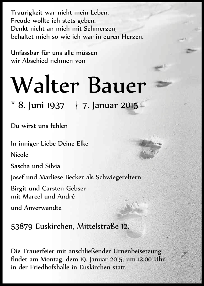  Traueranzeige für Walter Bauer vom 14.01.2015 aus Kölner Stadt-Anzeiger / Kölnische Rundschau / Express