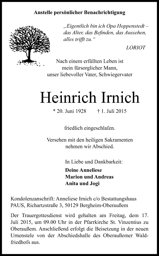  Traueranzeige für Heinrich Irnich vom 15.07.2015 aus Kölner Stadt-Anzeiger / Kölnische Rundschau / Express