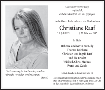 Anzeige von Christiane Raaf von  Sonntags-Post 