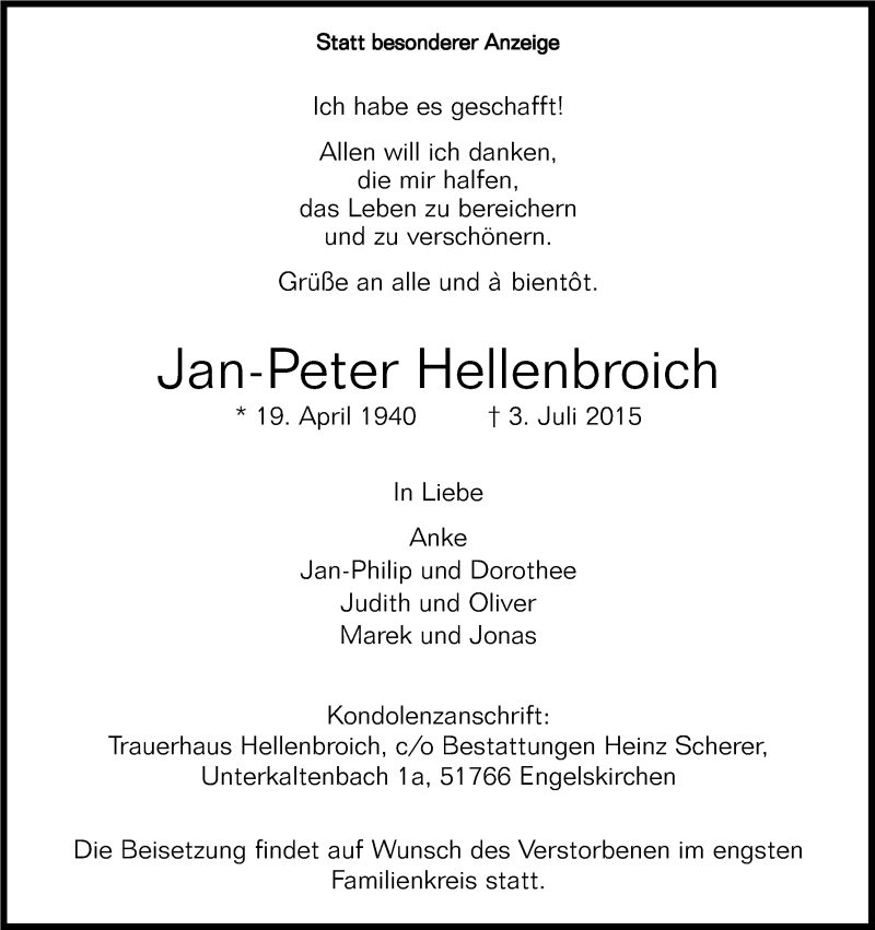  Traueranzeige für Jan-Peter Hellenbroich vom 11.07.2015 aus Kölner Stadt-Anzeiger / Kölnische Rundschau / Express