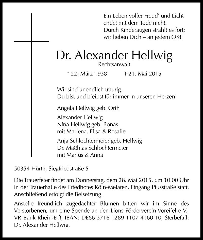  Traueranzeige für Alexander Hellwig vom 23.05.2015 aus Kölner Stadt-Anzeiger / Kölnische Rundschau / Express