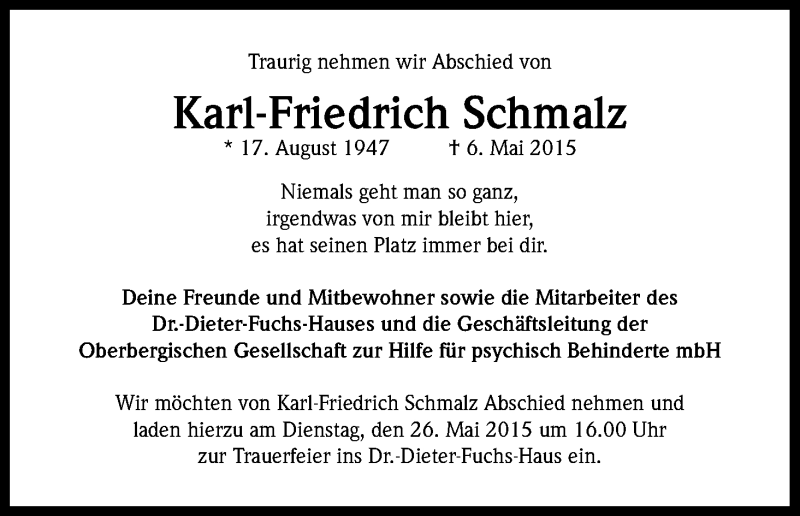  Traueranzeige für Karl-Friedrich Schmalz vom 16.05.2015 aus Kölner Stadt-Anzeiger / Kölnische Rundschau / Express