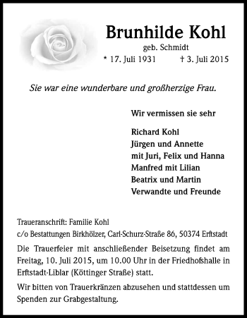 Anzeige von Brunhilde Kohl von Kölner Stadt-Anzeiger / Kölnische Rundschau / Express