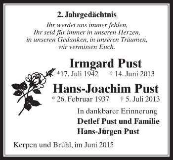 Anzeige von Irmgard und Hans-Joachim Pust von  Werbepost 