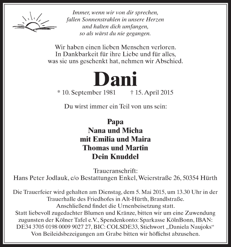  Traueranzeige für Dani  vom 29.04.2015 aus  Wochenende 
