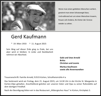 Anzeige von Gerd Kaufmann von Kölner Stadt-Anzeiger / Kölnische Rundschau / Express