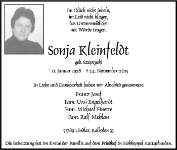 Anzeige von Sonja Kleinfeldt von Kölner Stadt-Anzeiger / Kölnische Rundschau / Express