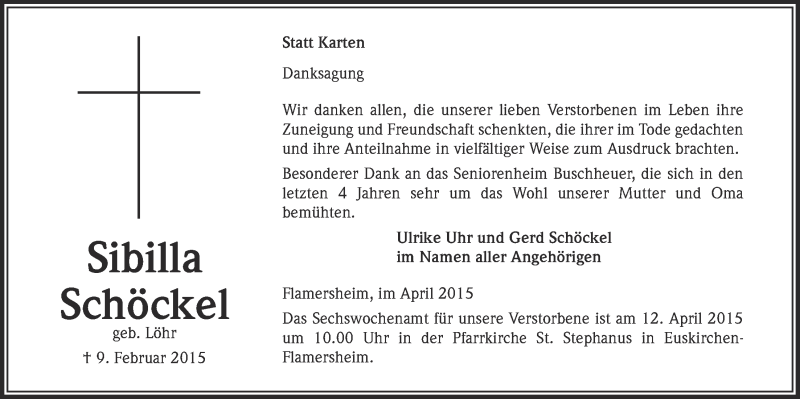  Traueranzeige für Sibilla Schöckel vom 05.04.2015 aus  Blickpunkt Euskirchen 