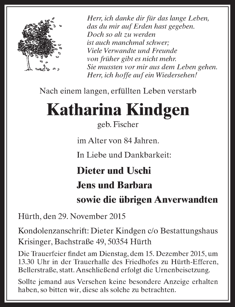  Traueranzeige für Katharina Kindgen vom 09.12.2015 aus  Wochenende 