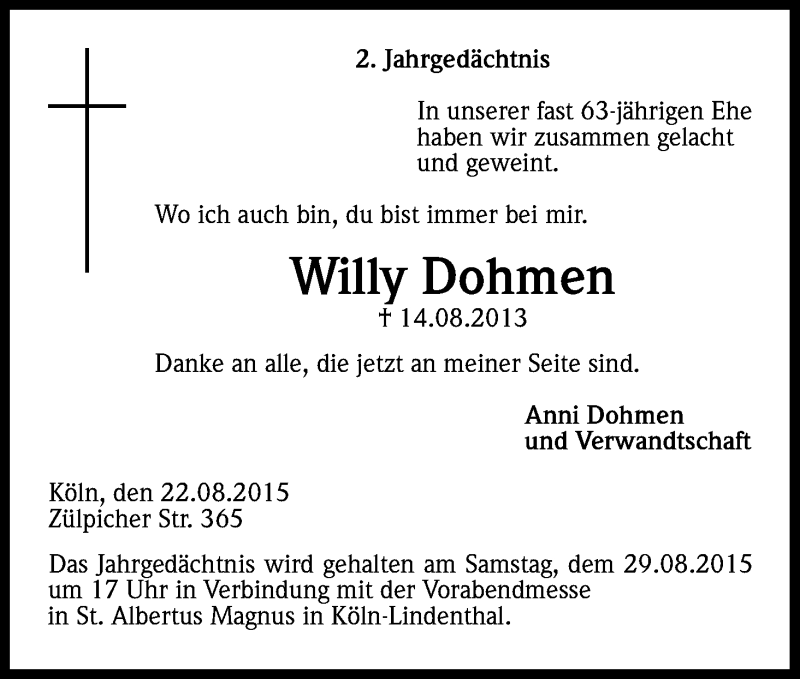  Traueranzeige für Willy Dohmen vom 22.08.2015 aus Kölner Stadt-Anzeiger / Kölnische Rundschau / Express