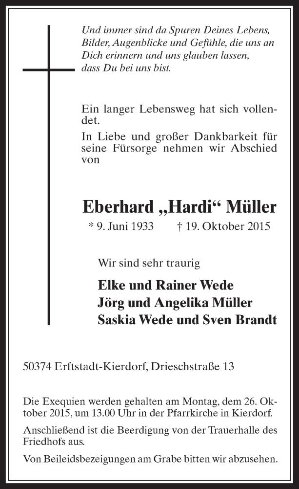  Traueranzeige für Eberhard Müller vom 24.10.2015 aus  Sonntags-Post 