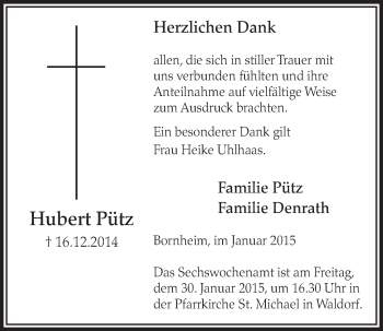 Anzeige von Hubert Pütz von  Schaufenster/Blickpunkt  Schlossbote/Werbekurier 