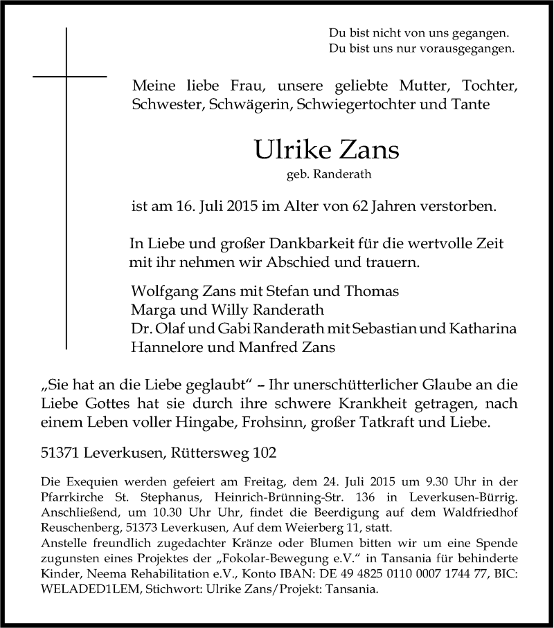  Traueranzeige für Ulrike Zans vom 21.07.2015 aus Kölner Stadt-Anzeiger / Kölnische Rundschau / Express