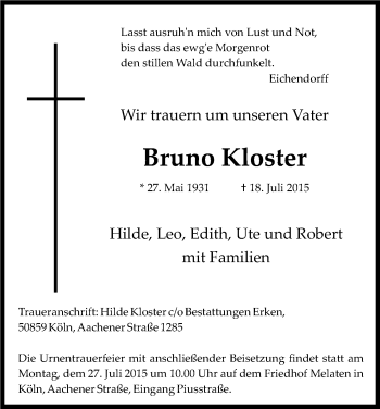 Anzeige von Bruno Kloster von Kölner Stadt-Anzeiger / Kölnische Rundschau / Express