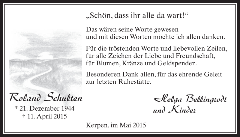  Traueranzeige für Roland Schulten vom 10.06.2015 aus  Werbepost 