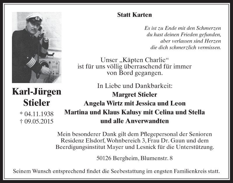  Traueranzeige für Karl-Jürgen Stieler vom 20.05.2015 aus  Werbepost 